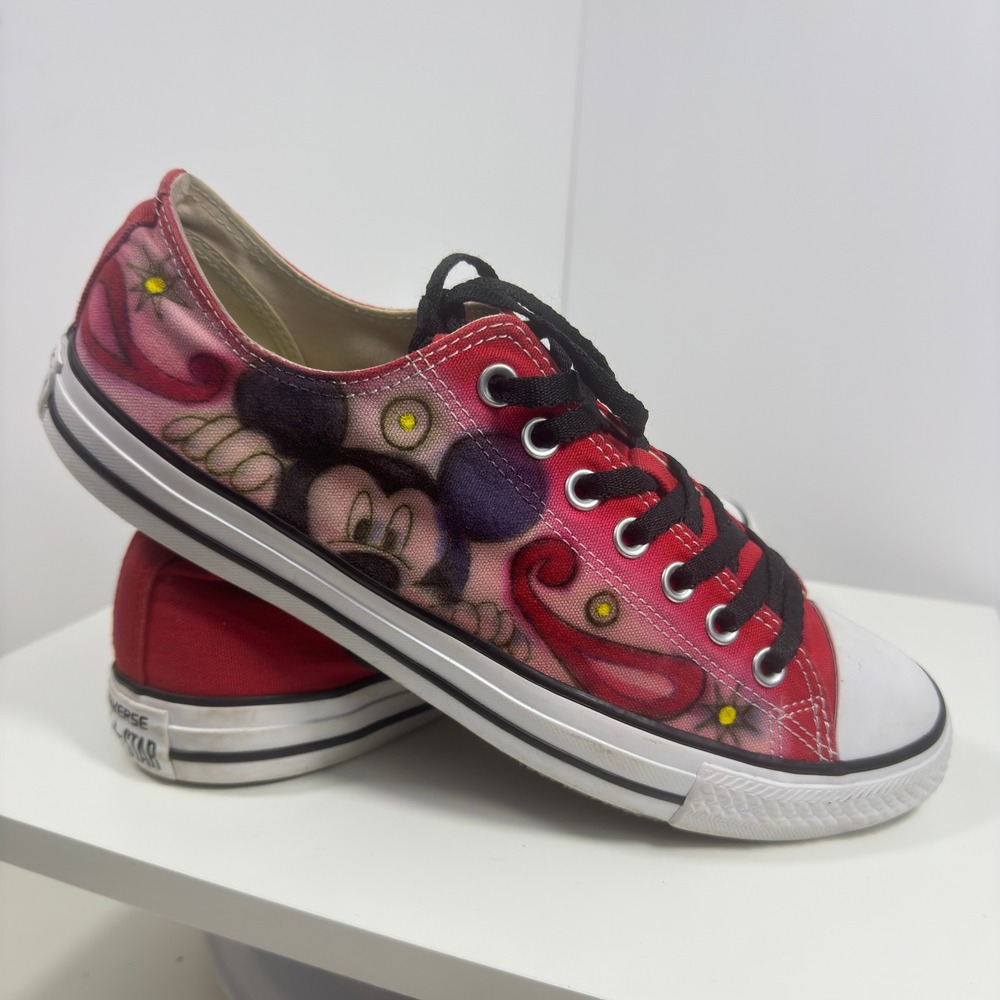 Converse Low Top Sneakers Men 9.5 Red Custom Hand Painted Mickey Mouse Paisley